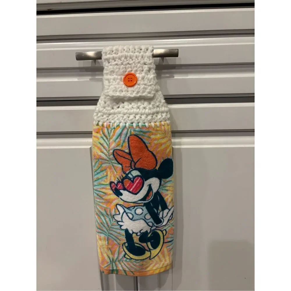 Crochet Top Kitchen Towel-Minnie mouse orange button white top